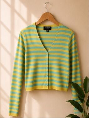 Rondina Striped V-Neck Cropped Cardigan in Green & Yellow